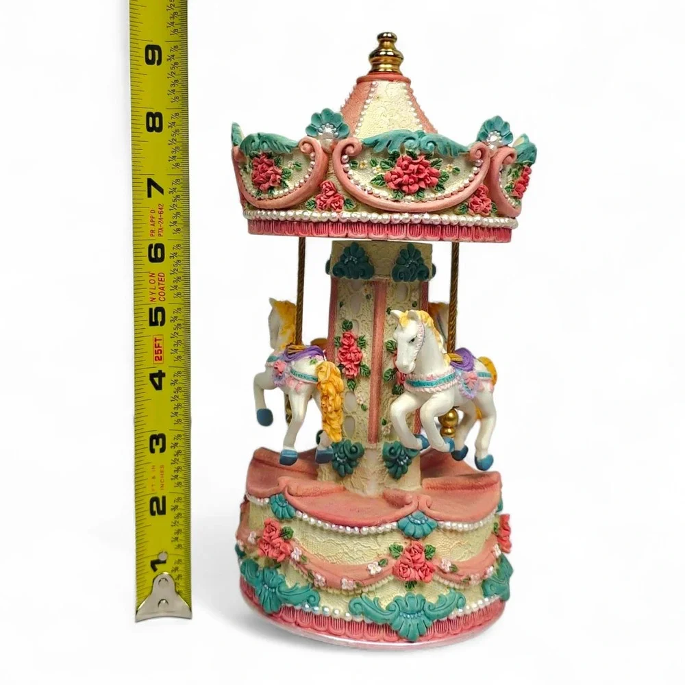 Musical Rotating Carousel Horse Music Box Plays Carousel Waltz Pink Floral
